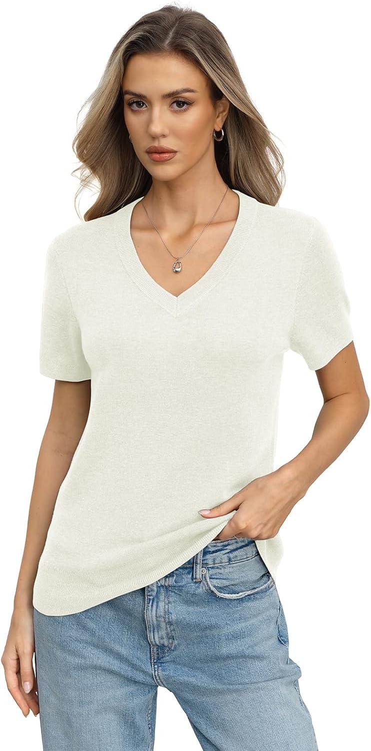 image:imageWomens Wool Blend Lightweight Sweater V Neck Short Sleeve Knit Pullover Tops Summer Business Casual ClothesOffwhite