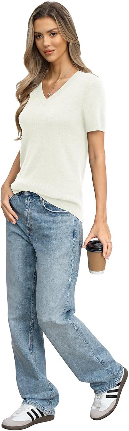 image:imageWomens Wool Blend Lightweight Sweater V Neck Short Sleeve Knit Pullover Tops Summer Business Casual ClothesOffwhite