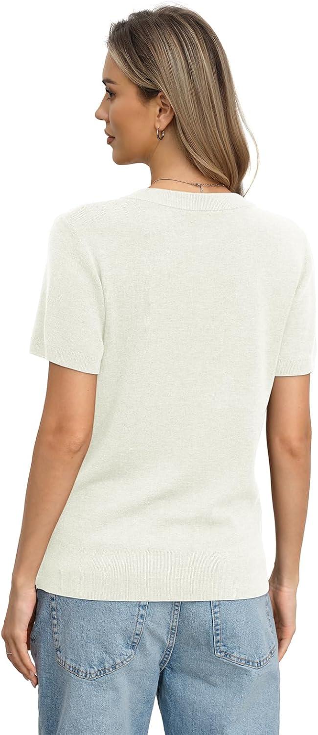 image:imageWomens Wool Blend Lightweight Sweater V Neck Short Sleeve Knit Pullover Tops Summer Business Casual ClothesOffwhite