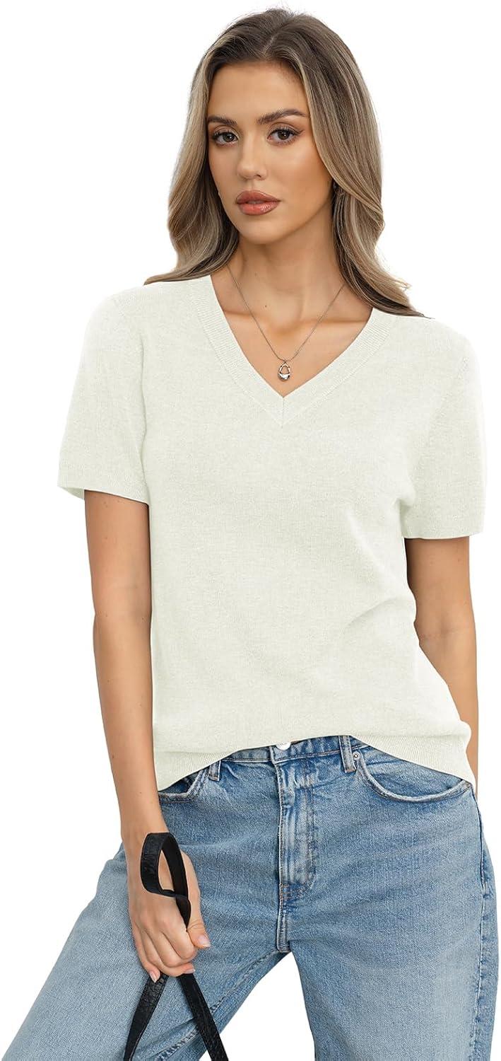image:imageWomens Wool Blend Lightweight Sweater V Neck Short Sleeve Knit Pullover Tops Summer Business Casual ClothesOffwhite