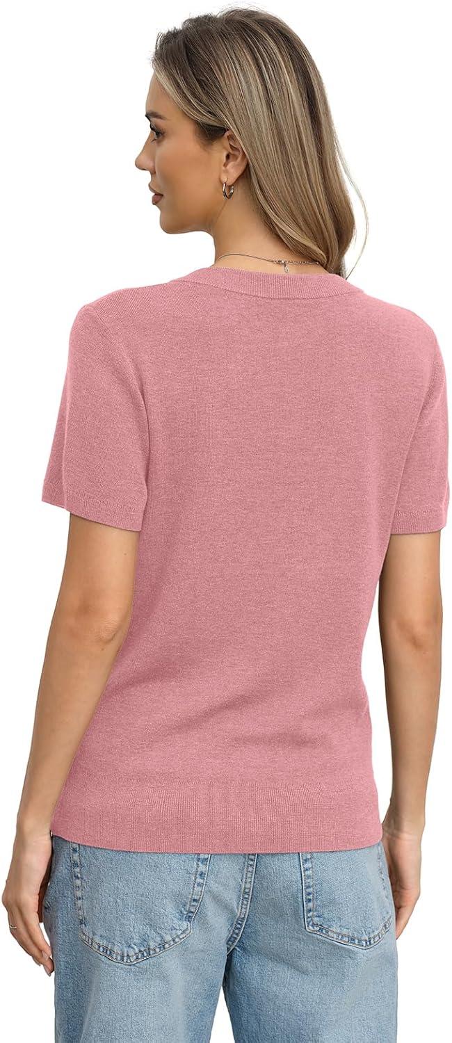 image:imageWomens Wool Blend Lightweight Sweater V Neck Short Sleeve Knit Pullover Tops Summer Business Casual ClothesPink