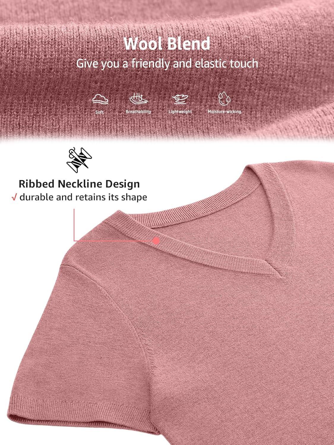 image:imageWomens Wool Blend Lightweight Sweater V Neck Short Sleeve Knit Pullover Tops Summer Business Casual ClothesPink