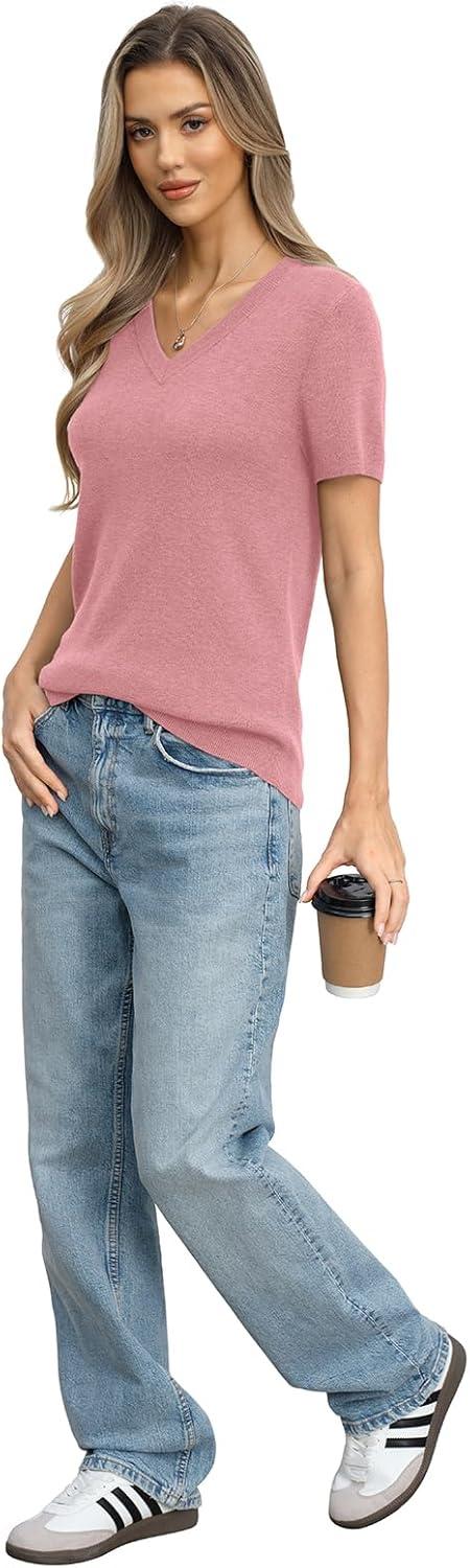 image:imageWomens Wool Blend Lightweight Sweater V Neck Short Sleeve Knit Pullover Tops Summer Business Casual ClothesPink