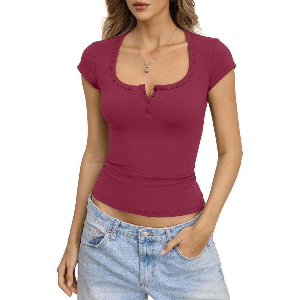 image:imageWomens Cotton Henley Shirts Square Neck Short Sleeve Tops Slim Fit Summer TShirt Trendy Outfits Clothes 2026Magenta
