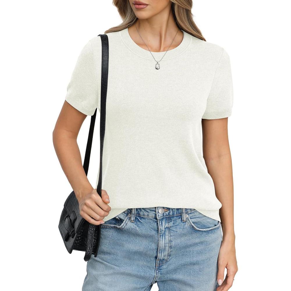 image:imageWomens Wool Blend Lightweight Sweater Crew Neck Short Sleeve Knit Pullover Tops Summer Business Casual OutfitsOffwhite