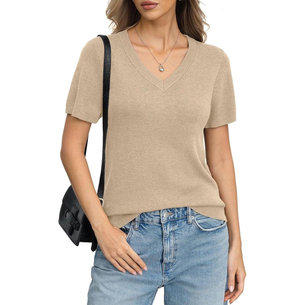 image:imageWomens Wool Blend Lightweight Sweater V Neck Short Sleeve Knit Pullover Tops Summer Business Casual ClothesBeige