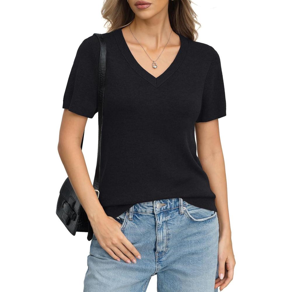 image:imageWomens Wool Blend Lightweight Sweater V Neck Short Sleeve Knit Pullover Tops Summer Business Casual ClothesBlack