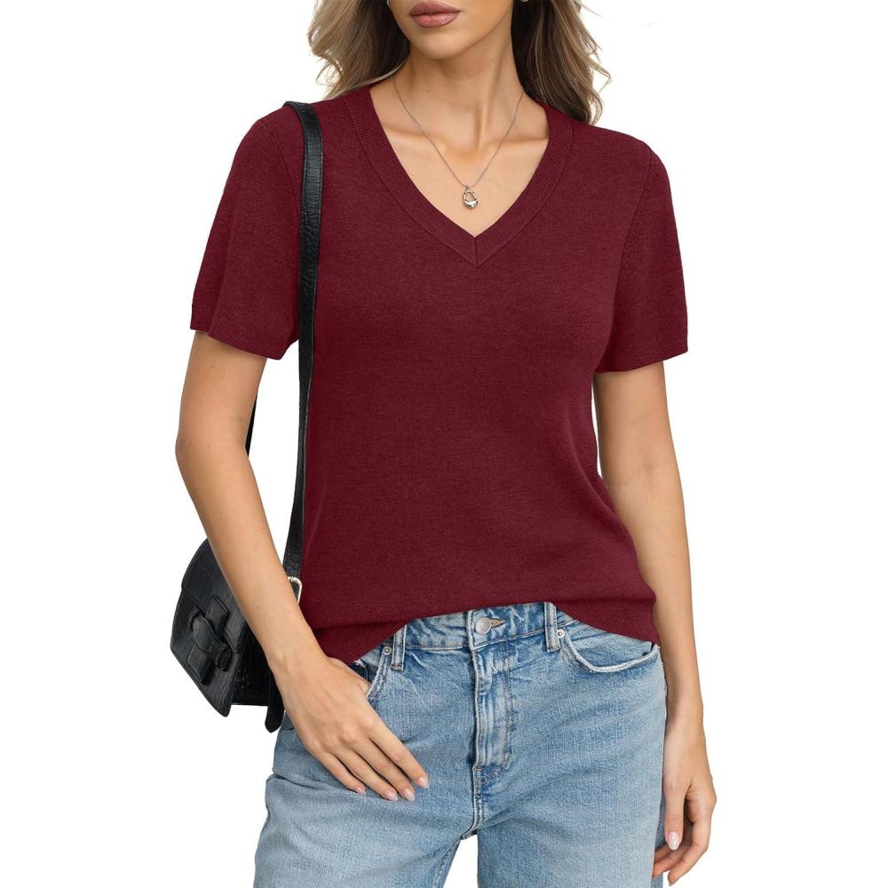 image:imageWomens Wool Blend Lightweight Sweater V Neck Short Sleeve Knit Pullover Tops Summer Business Casual ClothesBurgundy Red