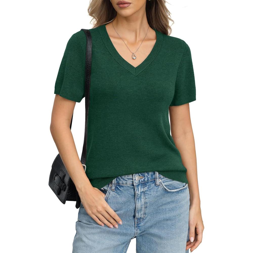 image:imageWomens Wool Blend Lightweight Sweater V Neck Short Sleeve Knit Pullover Tops Summer Business Casual ClothesGreen