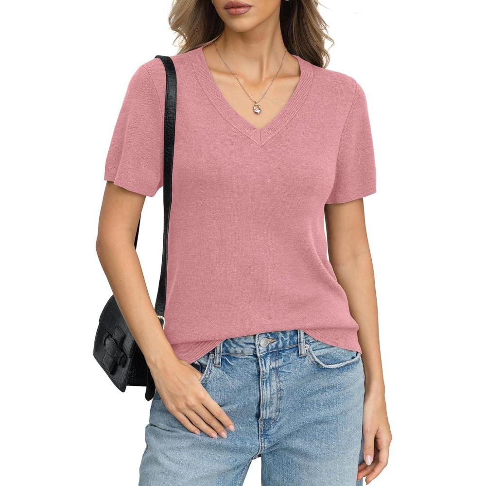 image:imageWomens Wool Blend Lightweight Sweater V Neck Short Sleeve Knit Pullover Tops Summer Business Casual ClothesPink