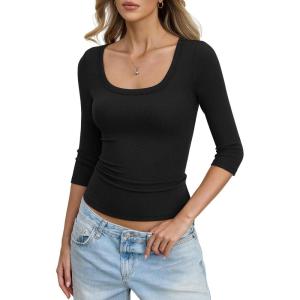 Womens Cotton Ribbed 3/4 Length Sleeve Shirts Y2K Scoop Neck T Shirts Slim Fit Going Out Spring Trendy Clothes(Black)
