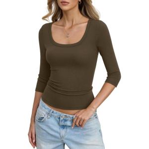 Womens Cotton Ribbed 3/4 Length Sleeve Shirts Y2K Scoop Neck T Shirts Slim Fit Going Out Spring Trendy Clothes(Brown)