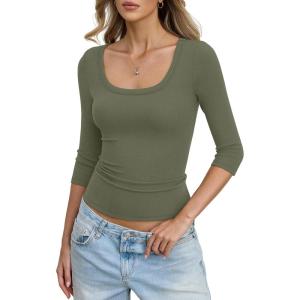 Womens Cotton Ribbed 3/4 Length Sleeve Shirts Y2K Scoop Neck T Shirts Slim Fit Going Out Spring Trendy Clothes(Green)