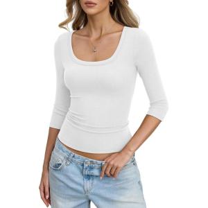 Womens Cotton Ribbed 3/4 Length Sleeve Shirts Y2K Scoop Neck T Shirts Slim Fit Going Out Spring Trendy Clothes(White)