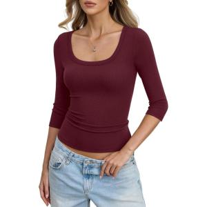 Womens Cotton Ribbed 3/4 Length Sleeve Shirts Y2K Scoop Neck T Shirts Slim Fit Going Out Spring Trendy Clothes(Wine Red)
