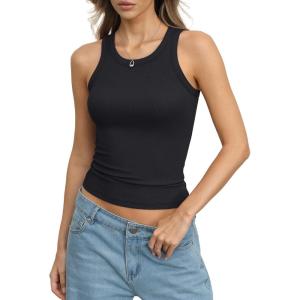 Womens Cotton Ribbed Crew Neck Tank Tops Sleeveless Fitted Basic Shirts Y2k Going Out Top Summer Trendy 2026(Black)