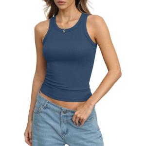 Womens Cotton Ribbed Crew Neck Tank Tops Sleeveless Fitted Basic Shirts Y2k Going Out Top Summer Trendy 2026(Navy Blue)