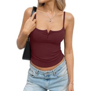 Womens Cotton Ribbed Henley Tank Tops Square Neck Camisole Adjustable Spaghetti Strap Fitted Shirts Summer 2026(Wine Red)
