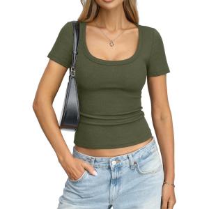 Womens Cotton Ribbed Short Sleeve Tops Summer Scoop Neck T-Shirts Cute Slim Fitted Tees Basic Casual Tops 2026(Army Green)