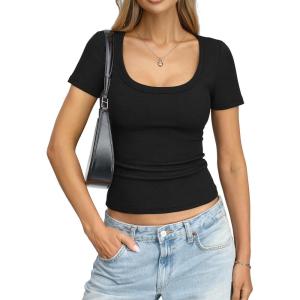 Womens Cotton Ribbed Short Sleeve Tops Summer Scoop Neck T-Shirts Cute Slim Fitted Tees Basic Casual Tops 2026(Black)