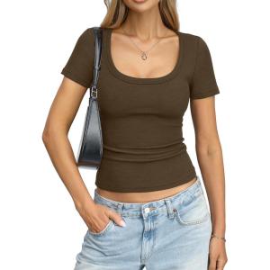 Womens Cotton Ribbed Short Sleeve Tops Summer Scoop Neck T-Shirts Cute Slim Fitted Tees Basic Casual Tops 2026(Brown)