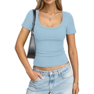 Womens Cotton Ribbed Short Sleeve Tops Summer Scoop Neck T-Shirts Cute Slim Fitted Tees Basic Casual Tops 2026(Light Blue)