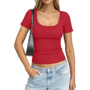 Womens Cotton Ribbed Short Sleeve Tops Summer Scoop Neck T-Shirts Cute Slim Fitted Tees Basic Casual Tops 2026(Red)