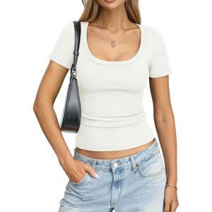 Womens Cotton Ribbed Short Sleeve Tops Summer Scoop Neck T-Shirts Cute Slim Fitted Tees Basic Casual Tops 2026(White)