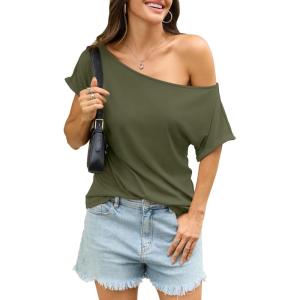 Womens Off Shoulder Tops Sexy Short Sleeve Shirts Rolled Sleeve Loose T Shirts Summer Going Out Clothes 2026(Army Green)