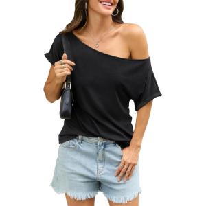 Womens Off Shoulder Tops Sexy Short Sleeve Shirts Rolled Sleeve Loose T Shirts Summer Going Out Clothes 2026(Black)
