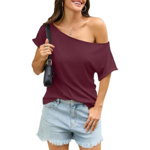 Womens Off Shoulder Tops Sexy Short Sleeve Shirts Rolled Sleeve Loose T Shirts Summer Going Out Clothes 2026(Burgundy)