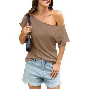 Womens Off Shoulder Tops Sexy Short Sleeve Shirts Rolled Sleeve Loose T Shirts Summer Going Out Clothes 2026(Coffee)