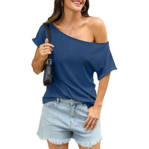 Womens Off Shoulder Tops Sexy Short Sleeve Shirts Rolled Sleeve Loose T Shirts Summer Going Out Clothes 2026(Navy)