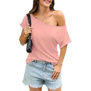 Womens Off Shoulder Tops Sexy Short Sleeve Shirts Rolled Sleeve Loose T Shirts Summer Going Out Clothes 2026(Pink)