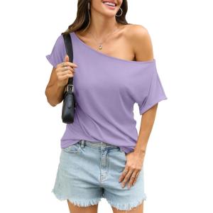 Womens Off Shoulder Tops Sexy Short Sleeve Shirts Rolled Sleeve Loose T Shirts Summer Going Out Clothes 2026(Purple)
