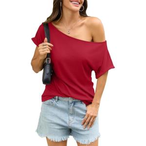 Womens Off Shoulder Tops Sexy Short Sleeve Shirts Rolled Sleeve Loose T Shirts Summer Going Out Clothes 2026(Red)
