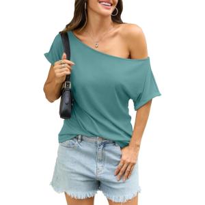 Womens Off Shoulder Tops Sexy Short Sleeve Shirts Rolled Sleeve Loose T Shirts Summer Going Out Clothes 2026(Teal)