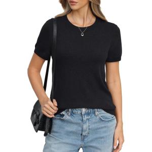 Womens Wool Blend Lightweight Sweater Crew Neck Short Sleeve Knit Pullover Tops Summer Business Casual Outfits(Black)