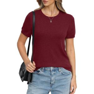 Womens Wool Blend Lightweight Sweater Crew Neck Short Sleeve Knit Pullover Tops Summer Business Casual Outfits(Burgundy Red)