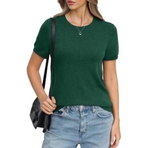 Womens Wool Blend Lightweight Sweater Crew Neck Short Sleeve Knit Pullover Tops Summer Business Casual Outfits(Green)
