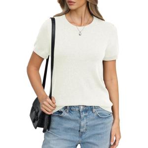 Womens Wool Blend Lightweight Sweater Crew Neck Short Sleeve Knit Pullover Tops Summer Business Casual Outfits(Off-white)