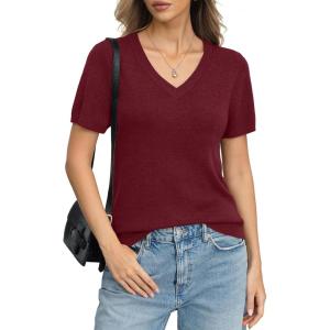 Womens Wool Blend Lightweight Sweater V Neck Short Sleeve Knit Pullover Tops Summer Business Casual Clothes(Burgundy Red)
