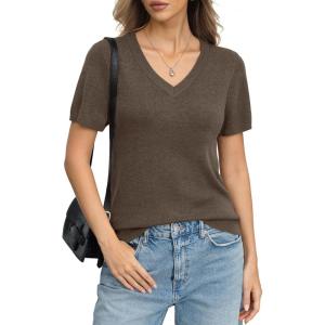 Womens Wool Blend Lightweight Sweater V Neck Short Sleeve Knit Pullover Tops Summer Business Casual Clothes(Coffee)