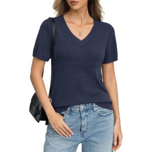 Womens Wool Blend Lightweight Sweater V Neck Short Sleeve Knit Pullover Tops Summer Business Casual Clothes(Dark Blue)
