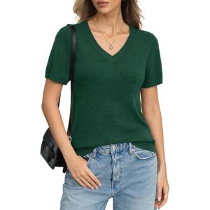 Womens Wool Blend Lightweight Sweater V Neck Short Sleeve Knit Pullover Tops Summer Business Casual Clothes(Green)