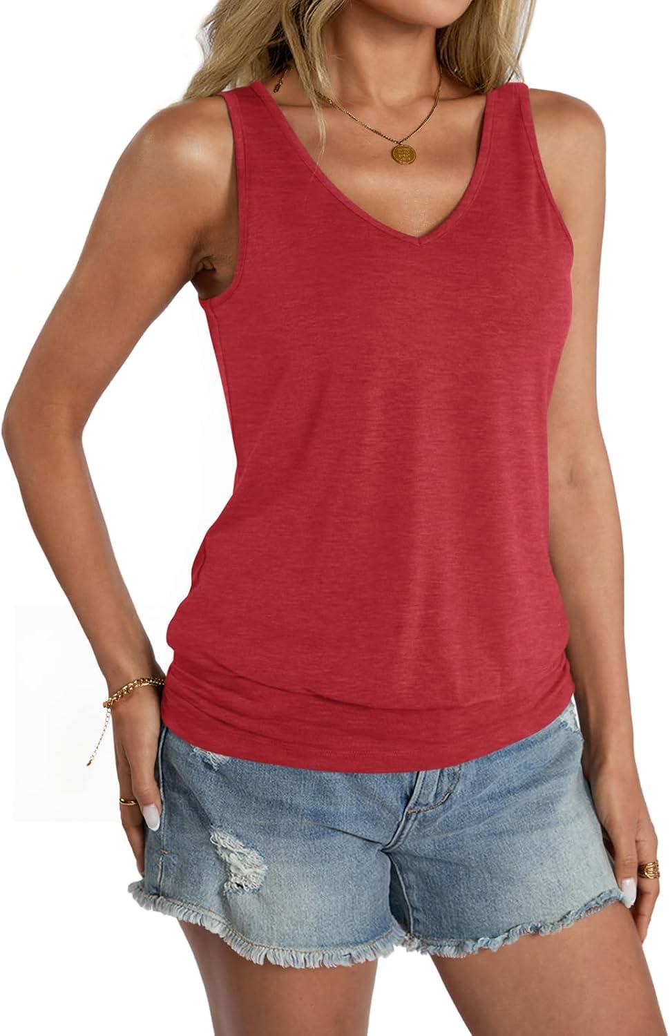 image:imageWomens Banded Bottom V Neck Tank Tops Sleeveless Cami Shirts Casual Loose Fit Clothes 2026 SummerRed