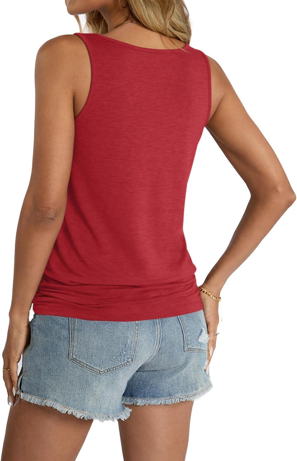image:imageWomens Banded Bottom V Neck Tank Tops Sleeveless Cami Shirts Casual Loose Fit Clothes 2026 SummerRed