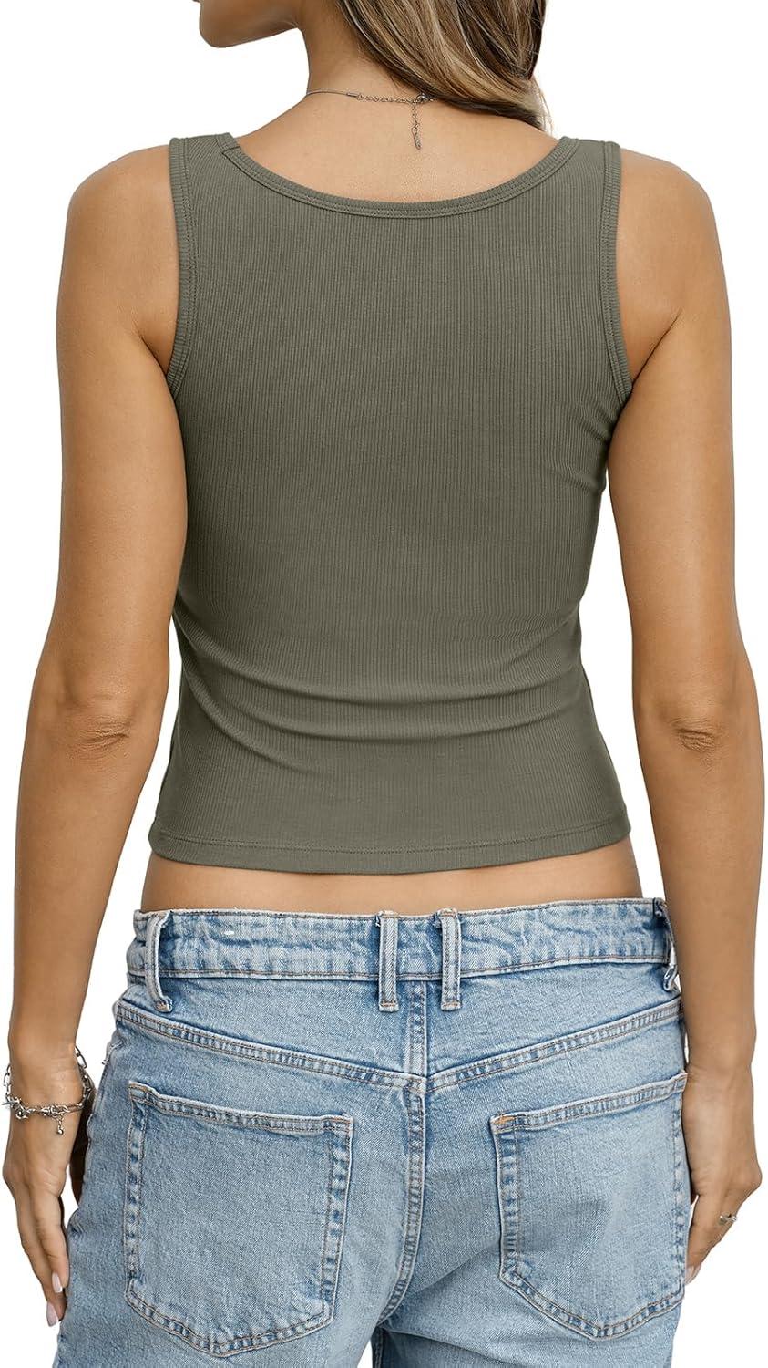 image:imageWomens Built in Bra Ribbed Tank Y2k Crop Going Out Shirt Fitted Summer Square Neck Top Removable Pads Tank 2026Army Green