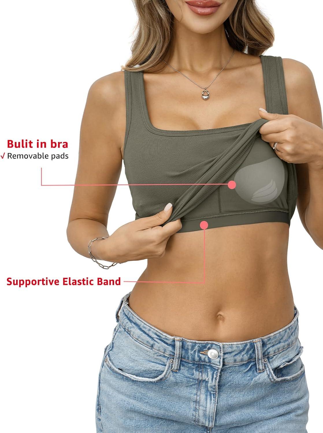 image:imageWomens Built in Bra Ribbed Tank Y2k Crop Going Out Shirt Fitted Summer Square Neck Top Removable Pads Tank 2026Army Green