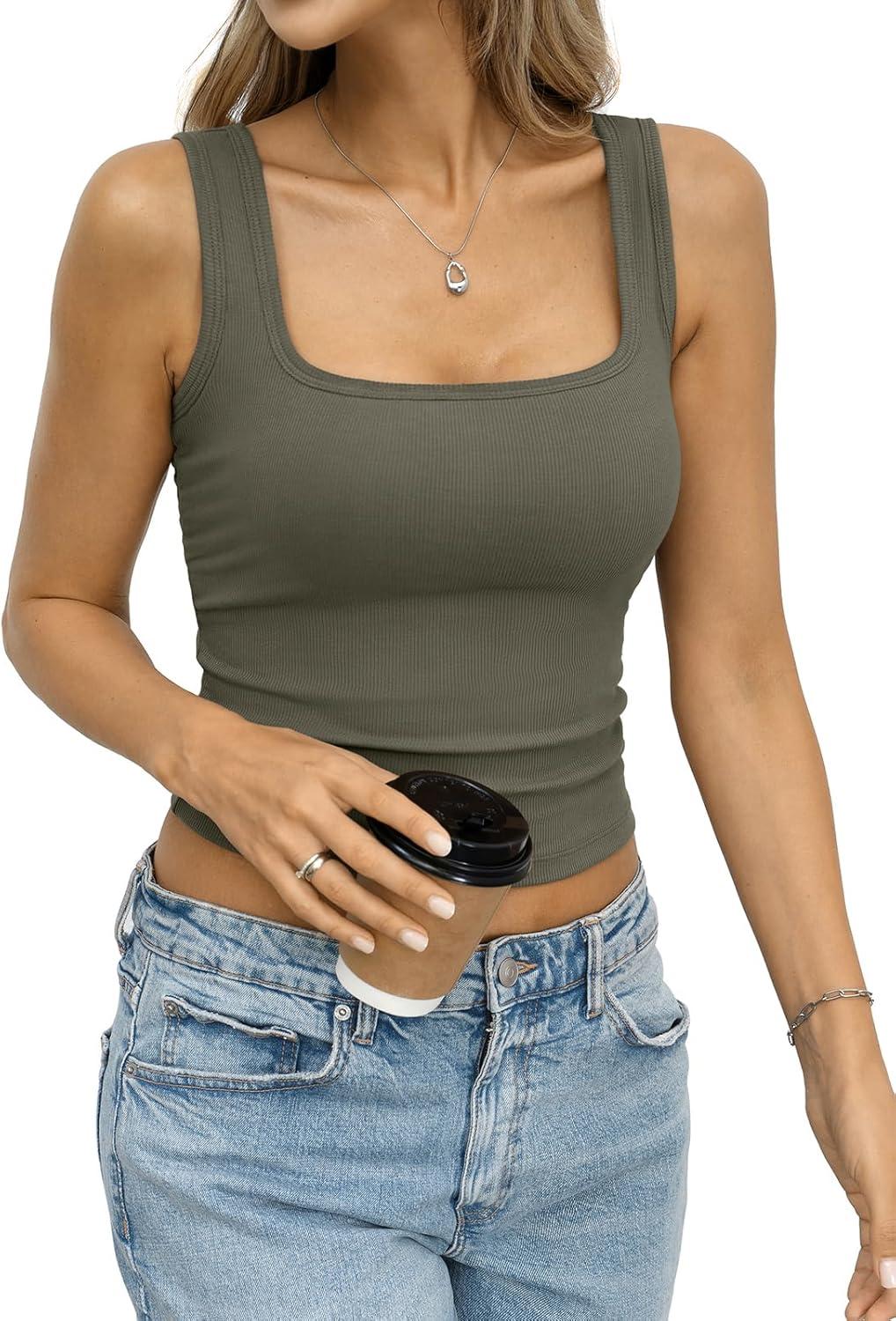 image:imageWomens Built in Bra Ribbed Tank Y2k Crop Going Out Shirt Fitted Summer Square Neck Top Removable Pads Tank 2026Army Green